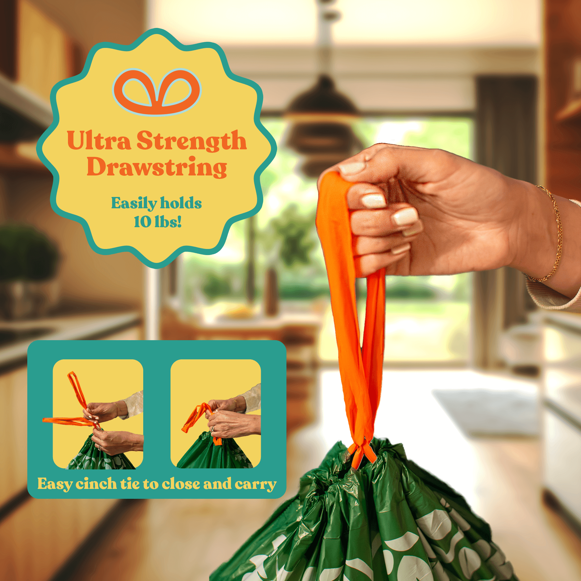 Drawstring compostable trash bags